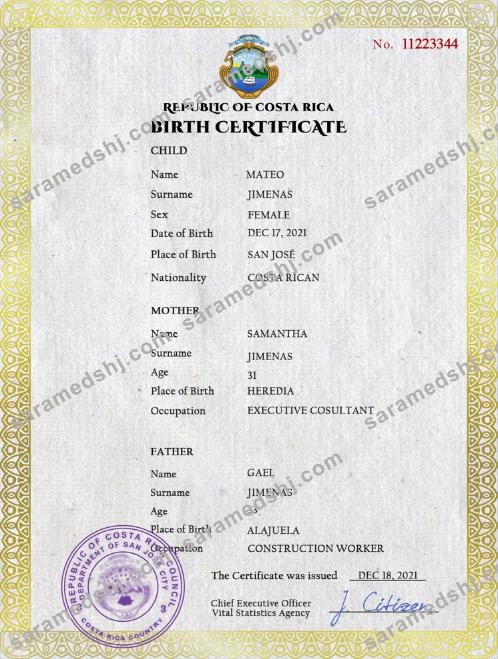 Costa Rica birth certificate PSD template